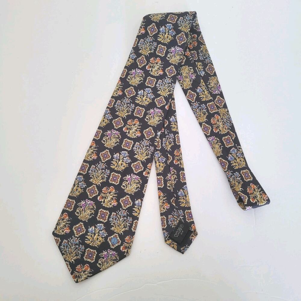 Dunhill Men's Neck Tie Made In Italy Designer Silk Black Colorful Floral Logo